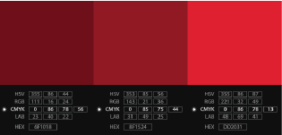 Paleta de variações de vermelho